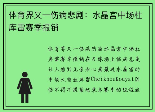 体育界又一伤病悲剧：水晶宫中场杜库雷赛季报销